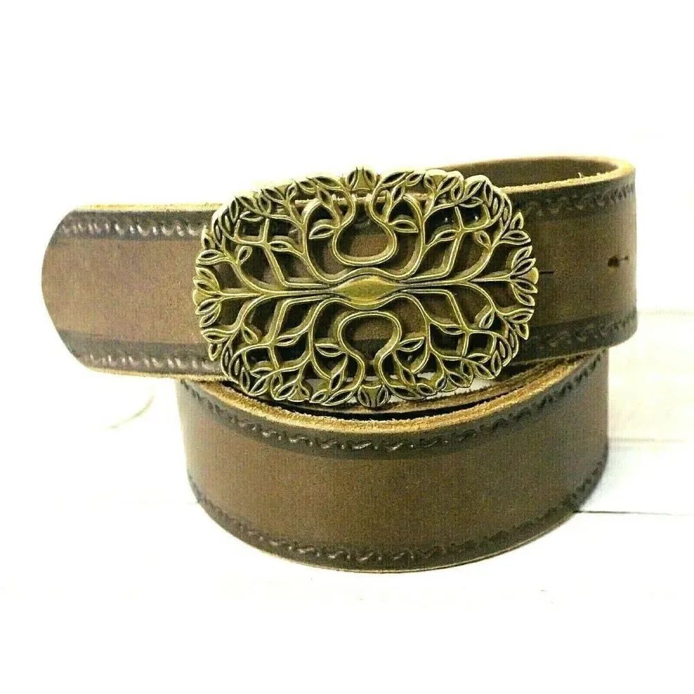 BROWN GENUINE LEATHER HOOK BUCKLE EMBOSSED CASUAL 1.5"Wd WOMEN'S BELT S/M (M37